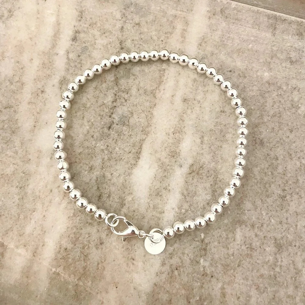 925 Sterling Silver Bead Bracelet 4 mm Ball Bracelet Small Round Bead Bracelet - Picture 3 of 5